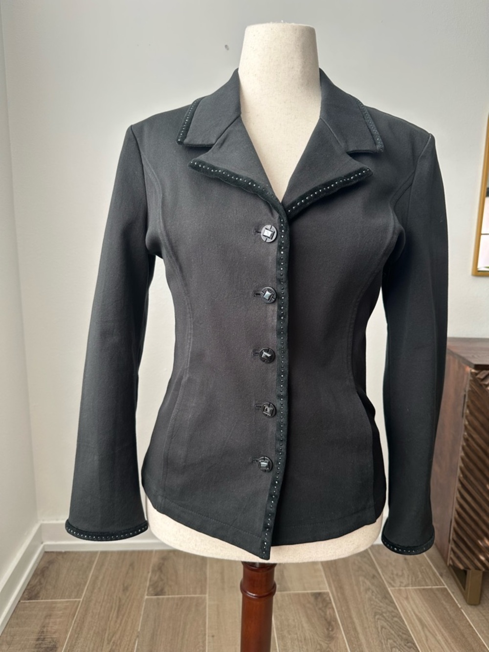 St. John Sport by Marie Gray Black Fitted Notch Collar Blazer with Beaded Trim